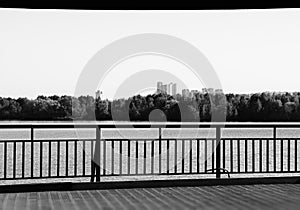 Dramatic black and white Moscow city quay background