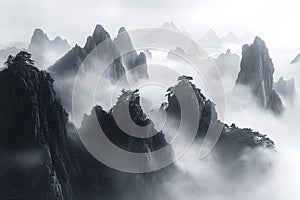 Dramatic black and white mountain landscape with mist rolling over jagged peaks, creating a moody and mysterious atmosphere photo