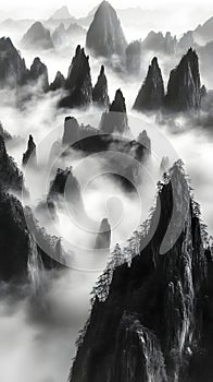 Dramatic black and white mountain landscape with mist rolling over jagged peaks, creating a moody and mysterious atmosphere photo
