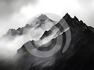 Dramatic black and white mountain landscape with mist rolling over jagged peaks, creating a moody and mysterious atmosphere photo