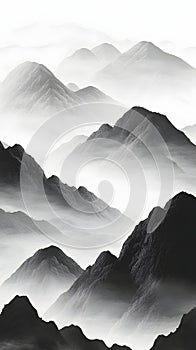 Dramatic black and white mountain landscape with mist rolling over jagged peaks, creating a moody and mysterious atmosphere photo