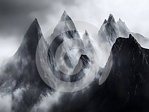 Dramatic black and white mountain landscape with mist rolling over jagged peaks, creating a moody and mysterious atmosphere photo