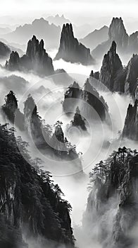 Dramatic black and white mountain landscape with mist rolling over jagged peaks, creating a moody and mysterious atmosphere photo
