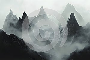 Dramatic black and white mountain landscape with mist rolling over jagged peaks, creating a moody and mysterious atmosphere photo