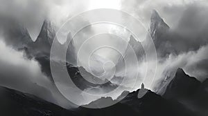 Dramatic black and white mountain landscape with mist rolling over jagged peaks, creating a moody and mysterious atmosphere photo