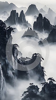 Dramatic black and white mountain landscape with mist rolling over jagged peaks, creating a moody and mysterious atmosphere photo