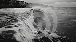 Dramatic black and white ocean wave crashing against the shore