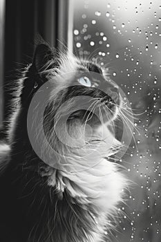 A dramatic black-and-white photo of a long-haired cat with striking blue eyes
