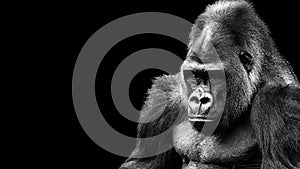 Dramatic black and white portrait of a gorilla