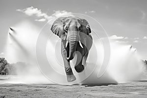 dramatic black and white shot of charging bull elephant