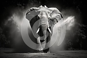 dramatic black and white shot of charging bull elephant