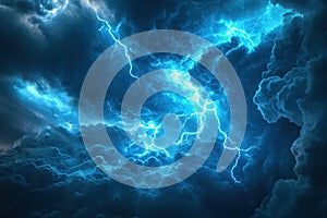 Dramatic blue lightning storm cloudscape background.