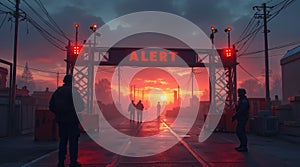 Dramatic border checkpoint under red alert with tense atmosphere