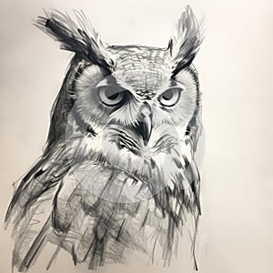 Dramatic Brushwork: Pencil Drawing Of Happy Owl Portrait photo