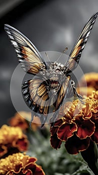 Dramatic butterfly with ornate patterns in shadow