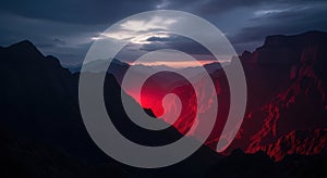 Dramatic canyon at dusk with red light on white background