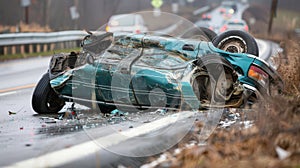 Dramatic Car Accident with Copy Space flipped vehicle leaking fluids highway shoulder