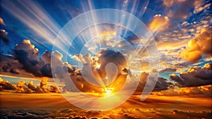 A dramatic celestial display of sun rays breaking through clouds at sunset. Generative AI