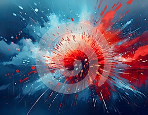 A dramatic central explosion of red and blue color