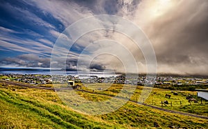 Dramatic change of weather over Torshavn, Faroe Islands, Denmark