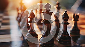 A dramatic chessboard setup basked in the golden light of sunset, highlighting the strategy and elegance of the game