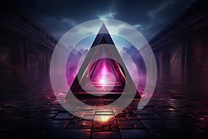 Dramatic cinematic lighting Flat purple background with extruding cyan Valknut