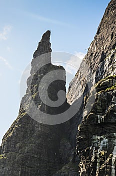 Dramatic cliffs Trollkonufingur, the witches finger, in Faroe Islands, Northern Europe, viewpoint