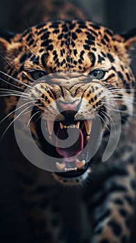 Dramatic Close-Up of an Angry Charging Leopard. Generative AI