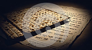 Traditional Matzah resting on ancient Hebrew text