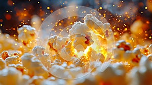 A dramatic close-up of popcorn exploding with vibrant orange lighting and scattered kernels in mid-air