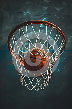 Basketball ball and hoop against dark background in sports arena