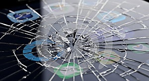 Shattered mobile device screen with radiating cracks