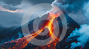 dramatic close-up of a volcanic mountain eruption, capturing the intense flow of glowing lava