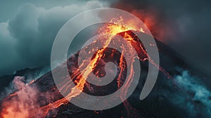 dramatic close-up of a volcanic mountain eruption, capturing the intense flow of glowing lava