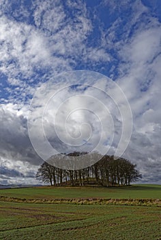Dramatic clouds forming over Farmland dominated by an ancient Tumulus covered with a circle of Trees