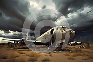 dramatic clouds hovering above a desolate plane boneyard