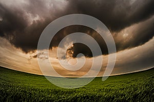 Dramatic clouds over green field