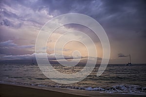 Dramatic Clouds over Ocean Sunset with Boats as Hurricane Storm