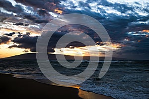 Dramatic Clouds and Sky Sunset over Stormy Sea with Island