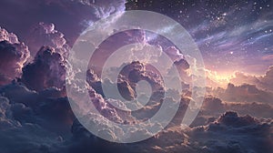 Dramatic clouds and stars create a stunning celestial landscape