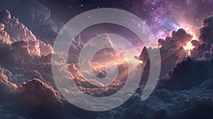 Dramatic clouds and stars create a stunning celestial landscape