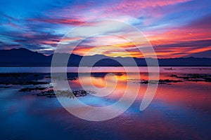 Dramatic clouds and sunset sky over the lake and mountain in backgrounds