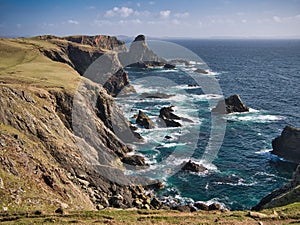 Dramatic coastal cliff scenery on the Ness of Hillswick, Northmavine, in the UNESCO Global Geopark of Shetland, UK