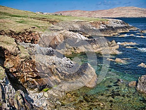 Dramatic coastal cliff scenery on the Ness of Hillswick, Northmavine, in the UNESCO Global Geopark of Shetland, UK