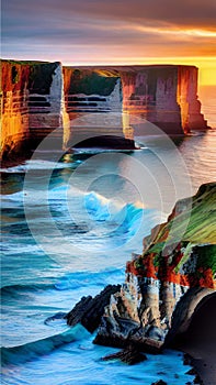 Dramatic Coastal Cliffs at Sunset illustration Artificial Intelligence artwork generated