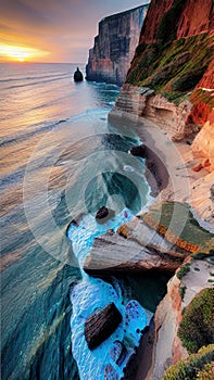 Dramatic Coastal Cliffs at Sunset illustration Artificial Intelligence artwork generated