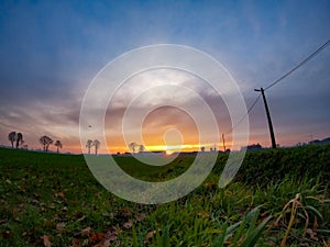 Dramatic and colorful Sunrise or sunset on a field covered with young green grass and yellow flowering dandelions in