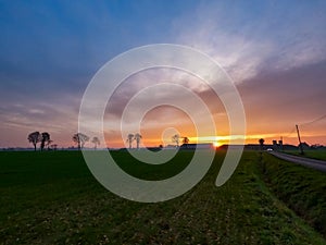 Dramatic and colorful Sunrise or sunset on a field covered with young green grass and yellow flowering dandelions in