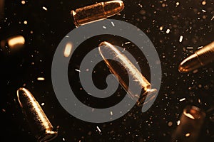 Falling bullets border over black background with light
