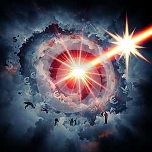 Dramatic contrast between the bright red light and dark clouds